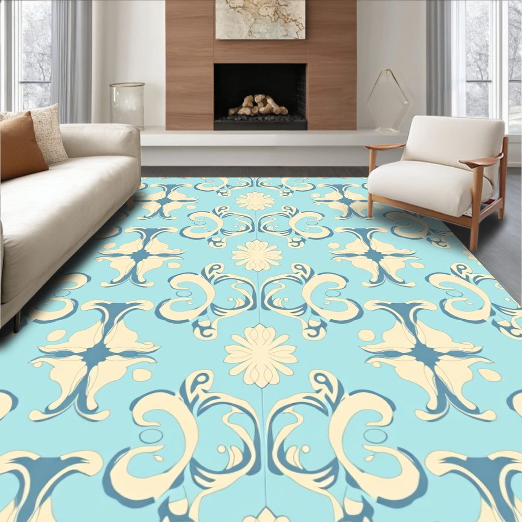 Aqua Beige Floral Scroll Arrangement Rug