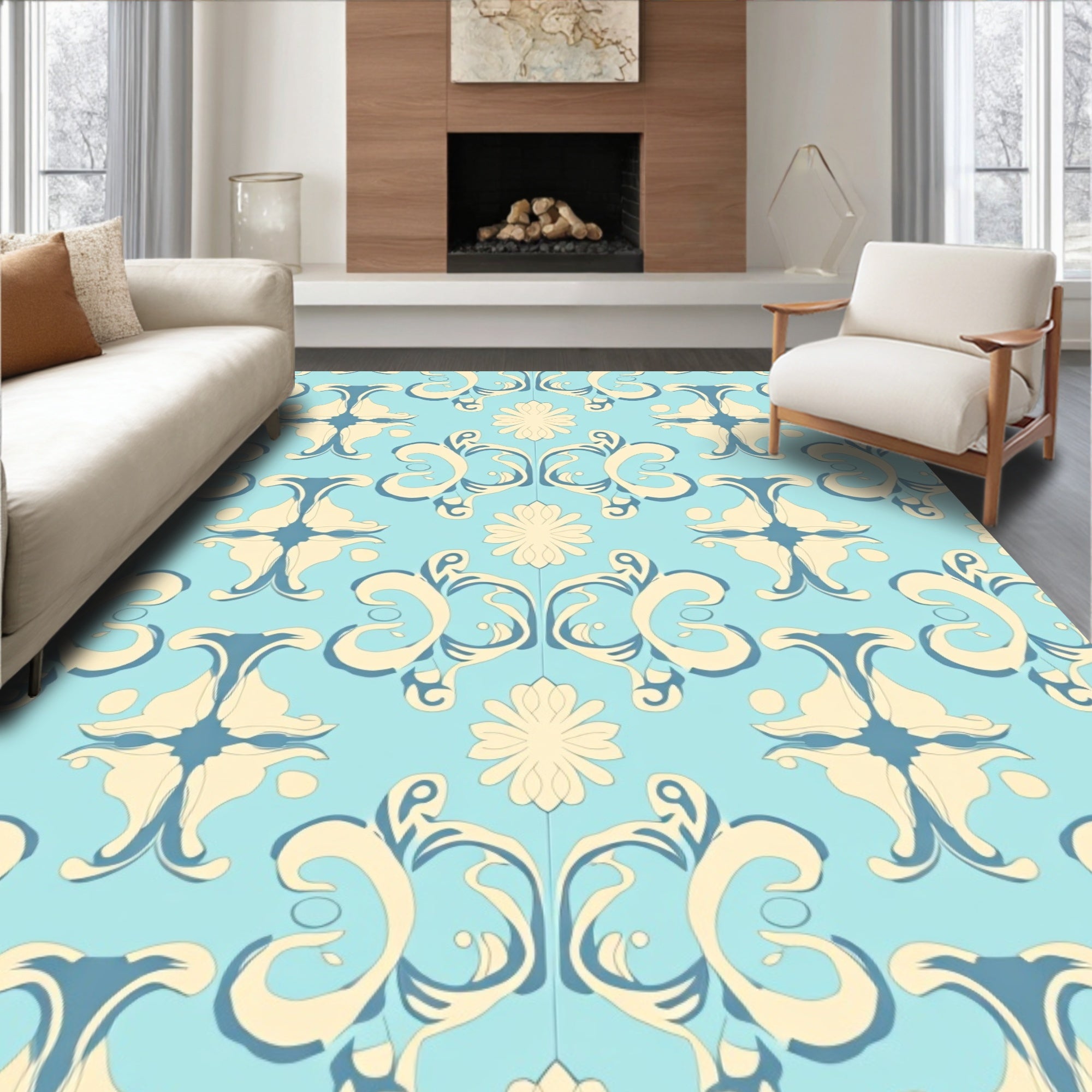 Aqua Beige Floral Scroll Arrangement Rug