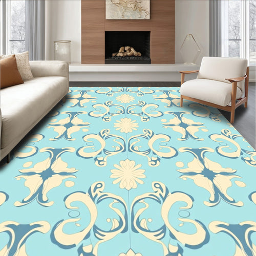 Aqua Beige Floral Scroll Arrangement Rug