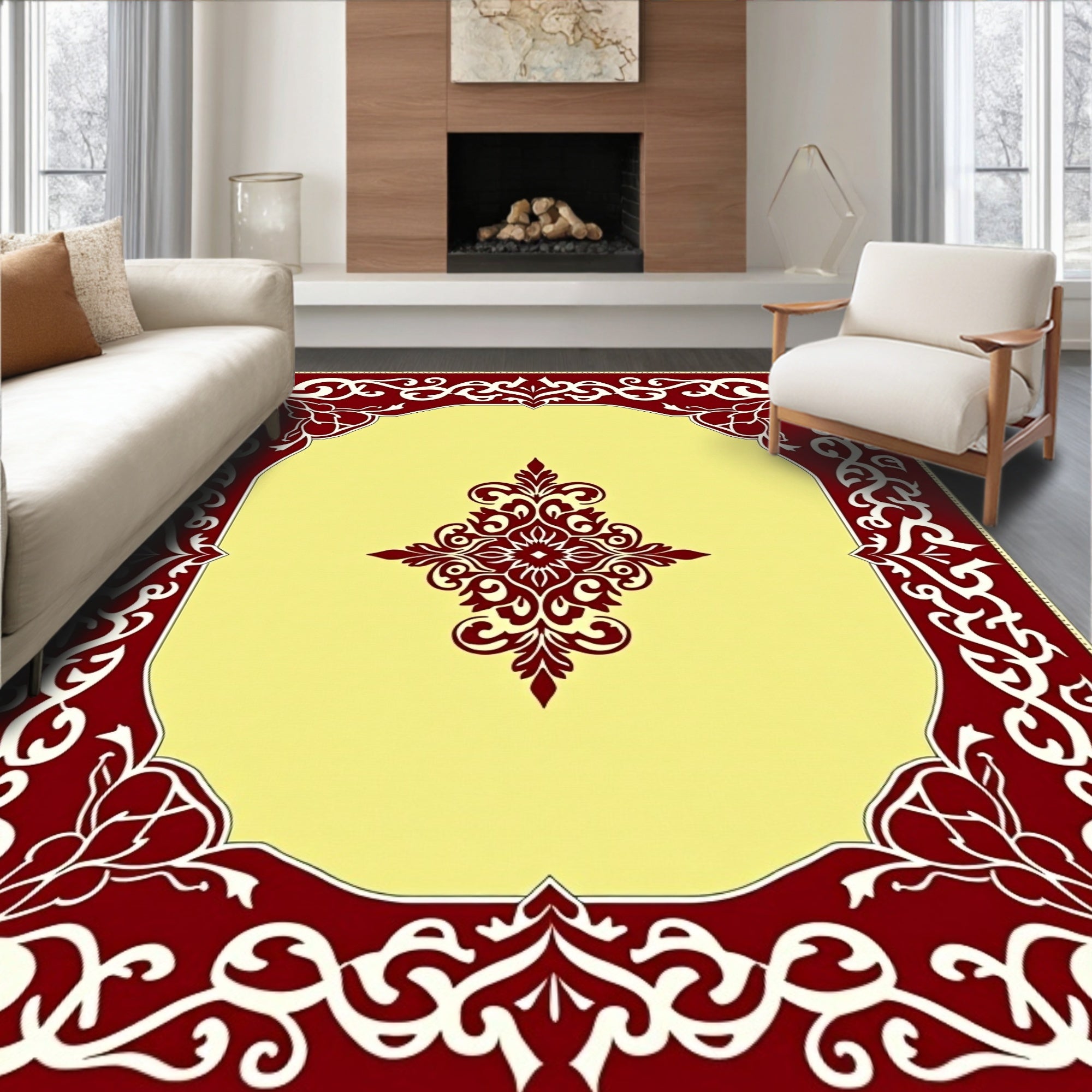 Rich Red Elaborate Scrollwork Ochre Rug