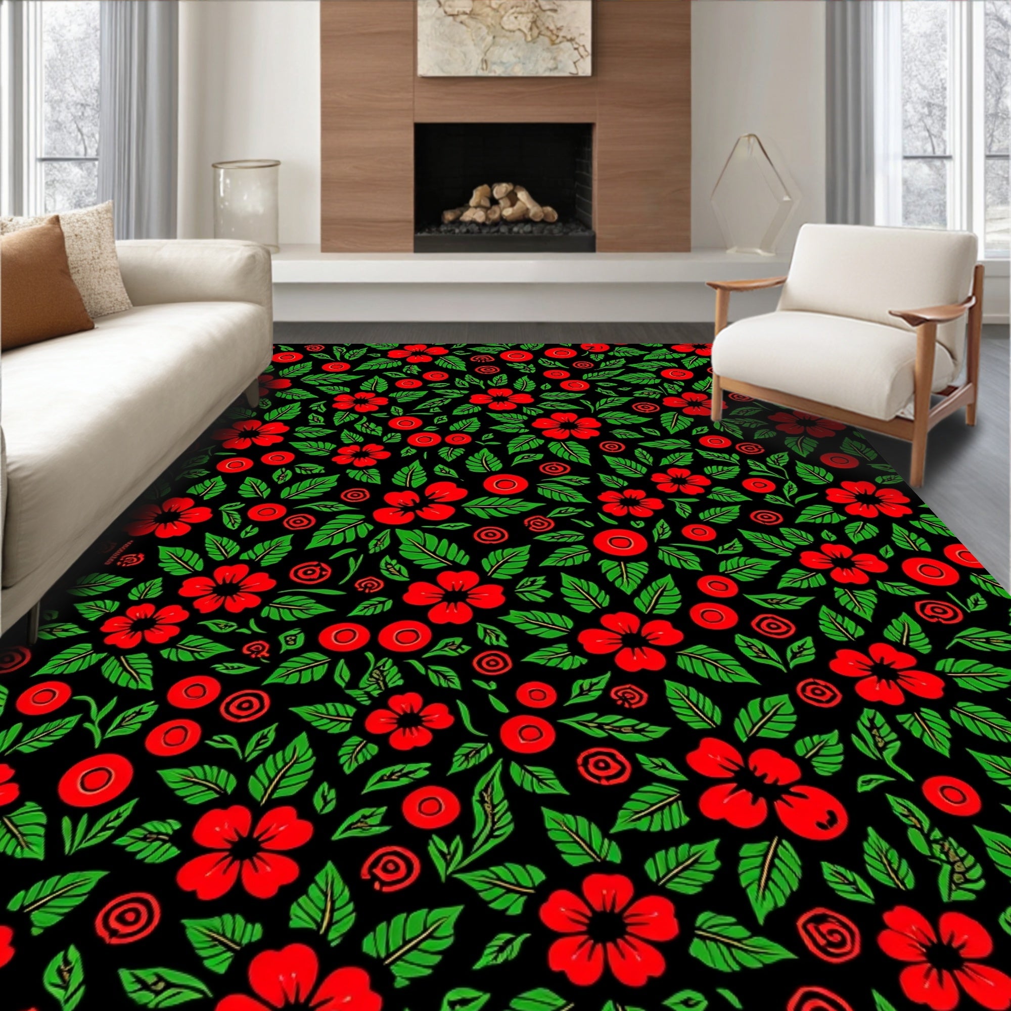 Black Red Floral Berry Garland Rug