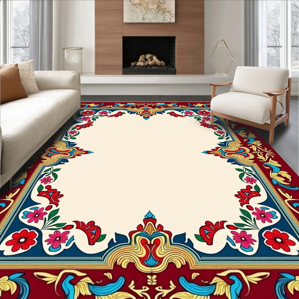 Crimson Red Floral Border Artwork Rug