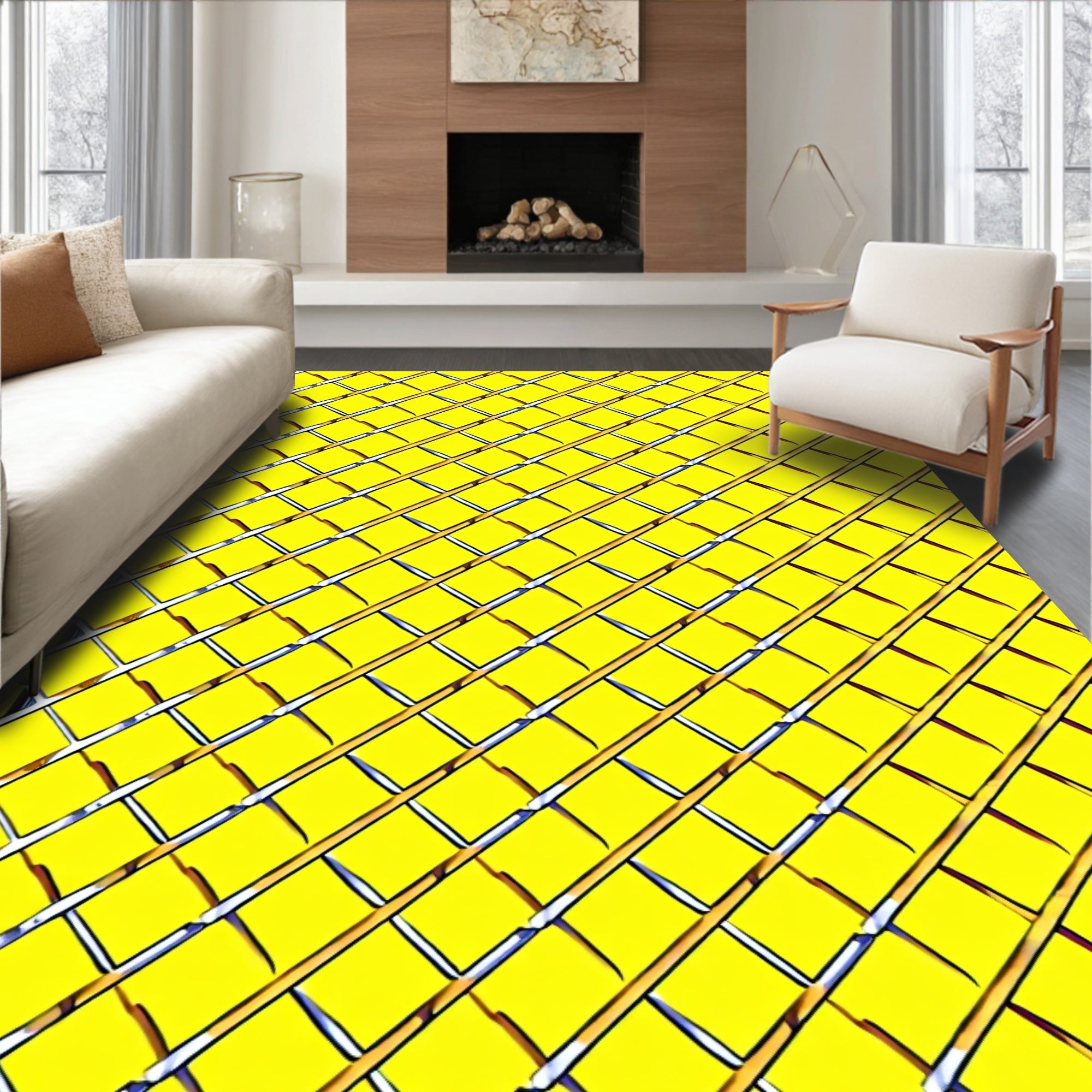 Bright Yellow Diagonal Grid Rug