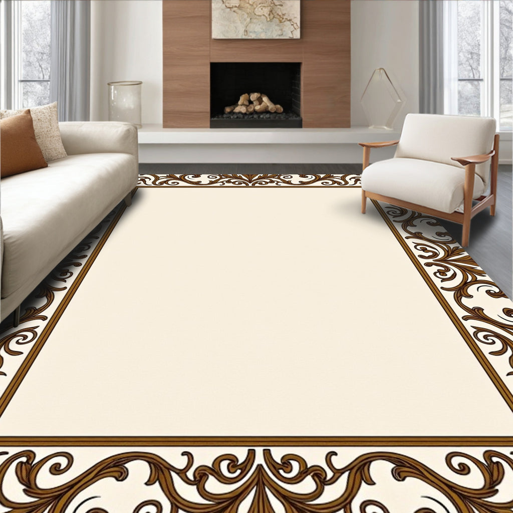 Ornate Brown Scrollwork Border Frame Rug
