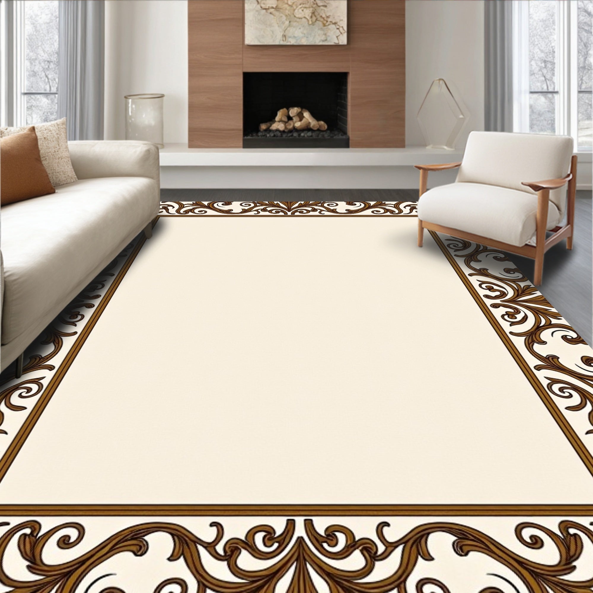 Ornate Brown Scrollwork Border Frame Rug