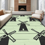 Black Windmill Silhouette Pale Green Background Rug