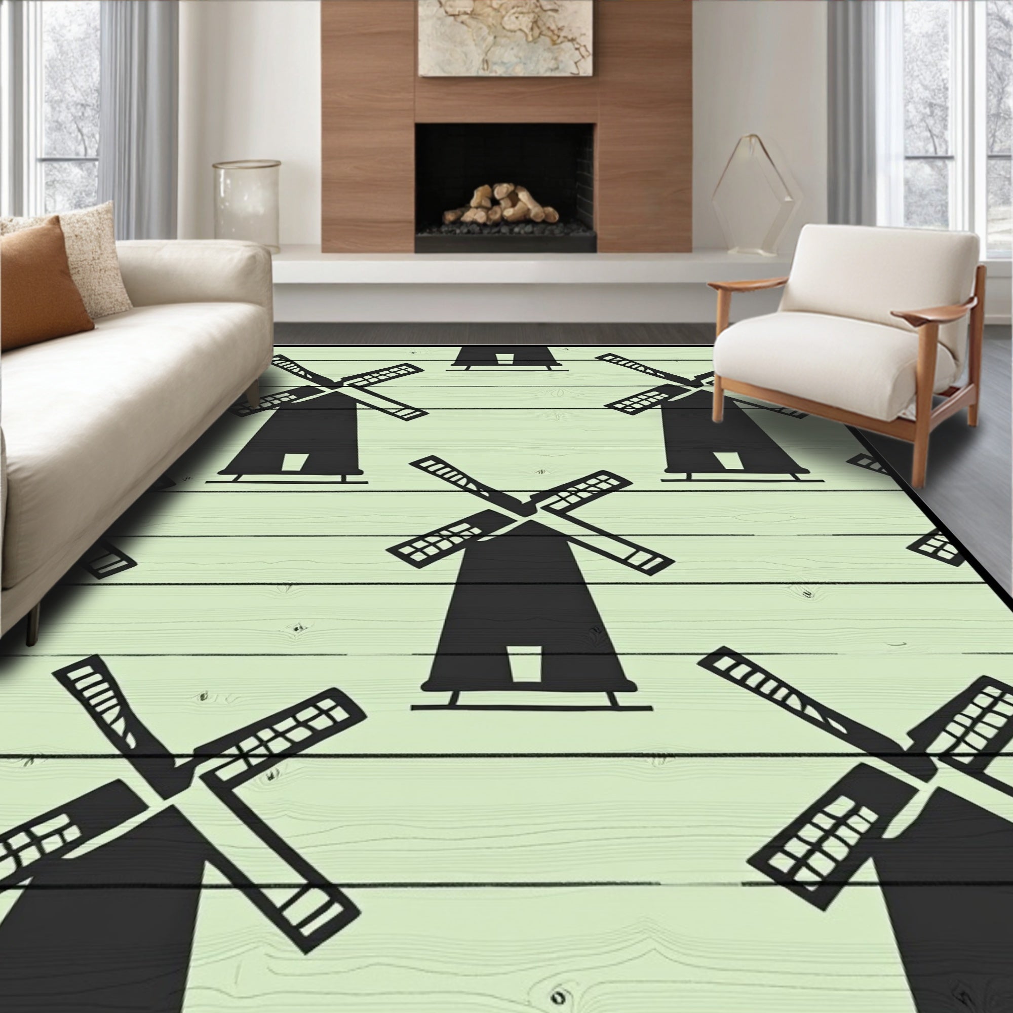 Black Windmill Silhouette Pale Green Background Rug