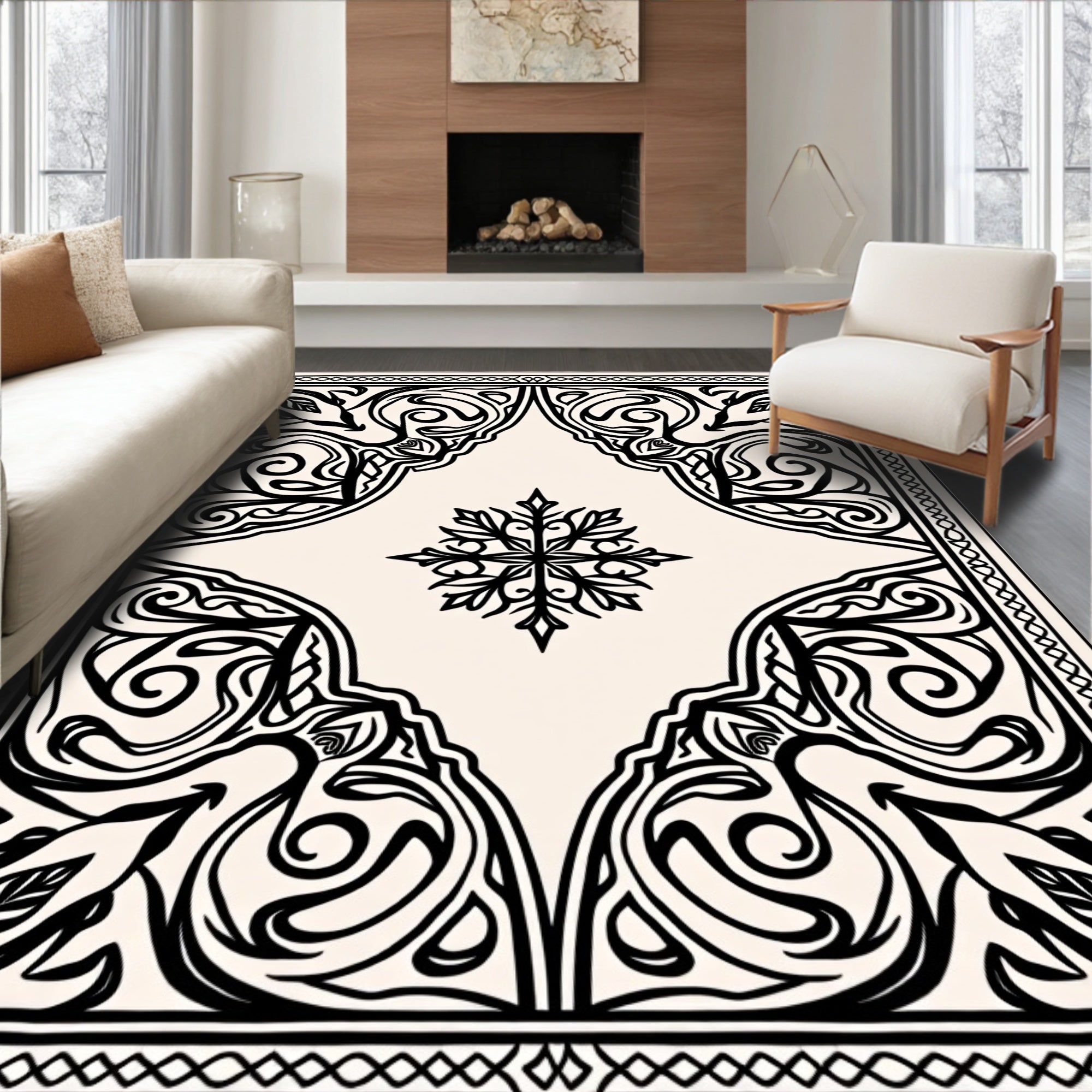 Monochromatic Scrolling Leaf Medallion Rug