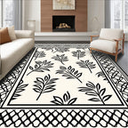 Black and White Leafy Botanical Border Rug