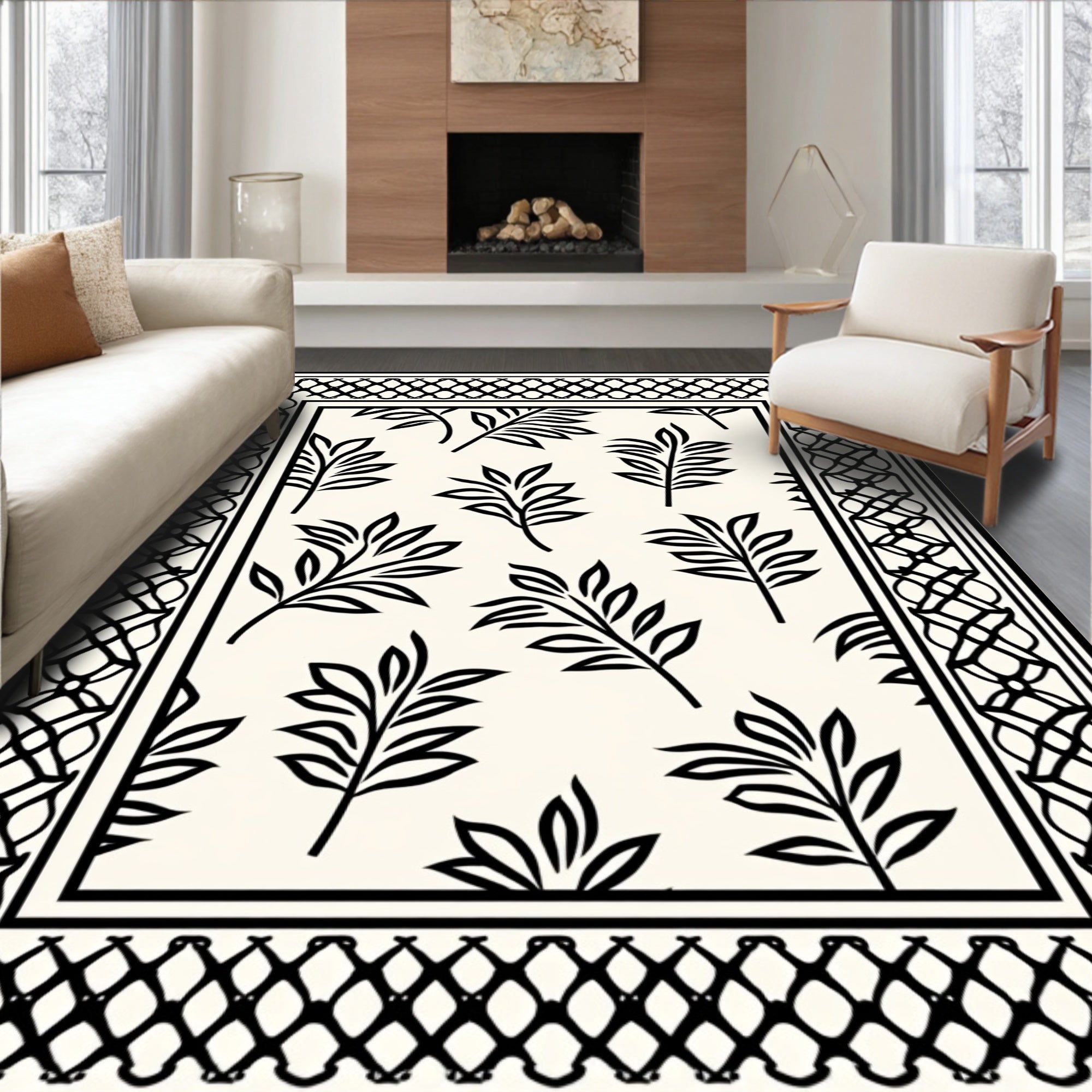 Black and White Leafy Botanical Border Rug