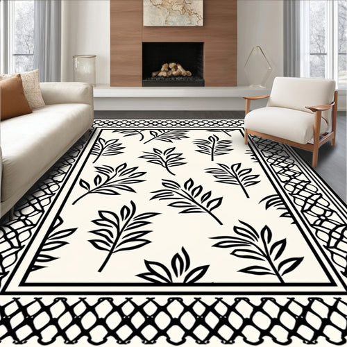Black and White Leafy Botanical Border Rug