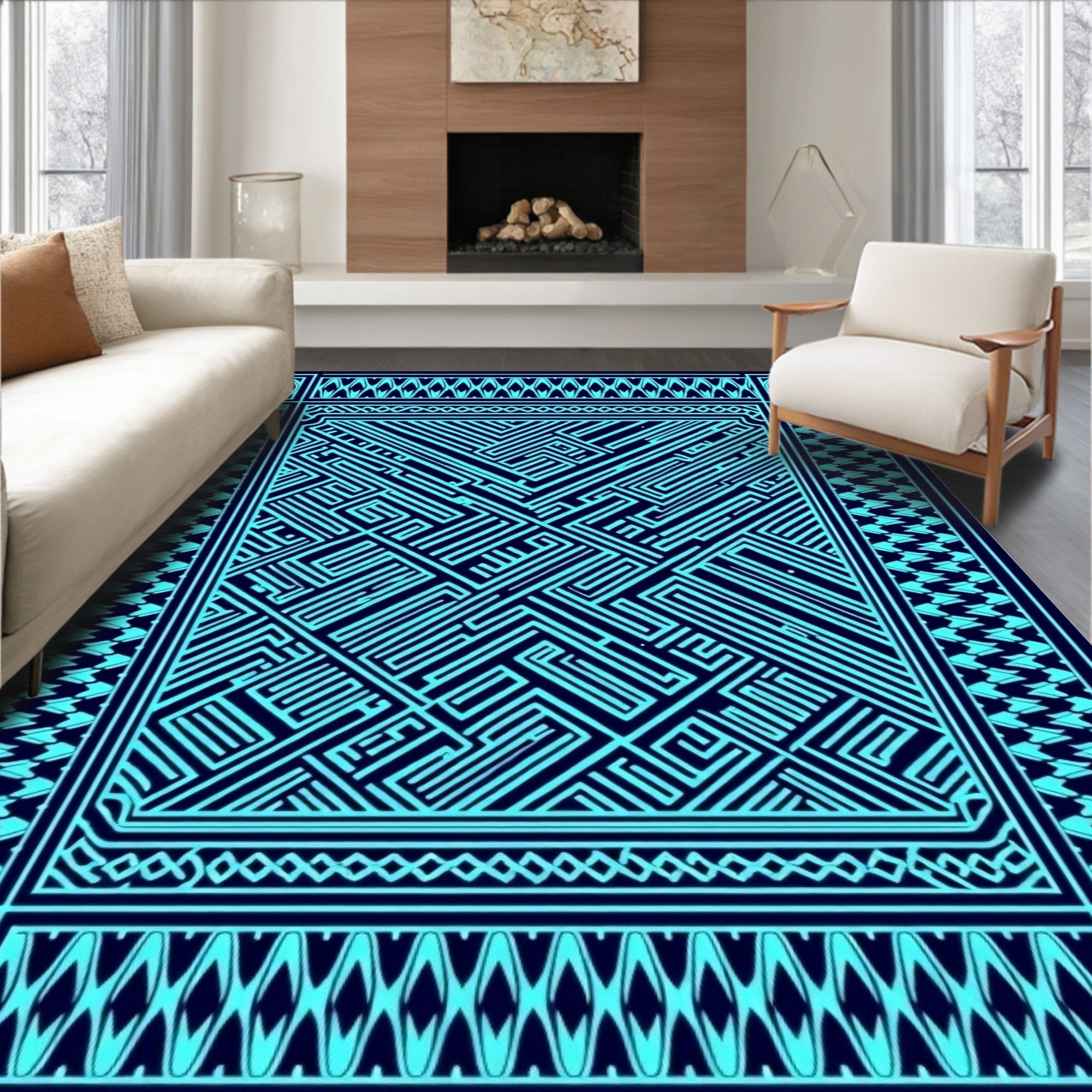 Teal Maze Geometric Border Rug