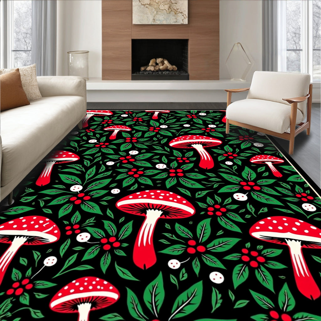 Whimsical Red Mushroom Christmas Holly Rug