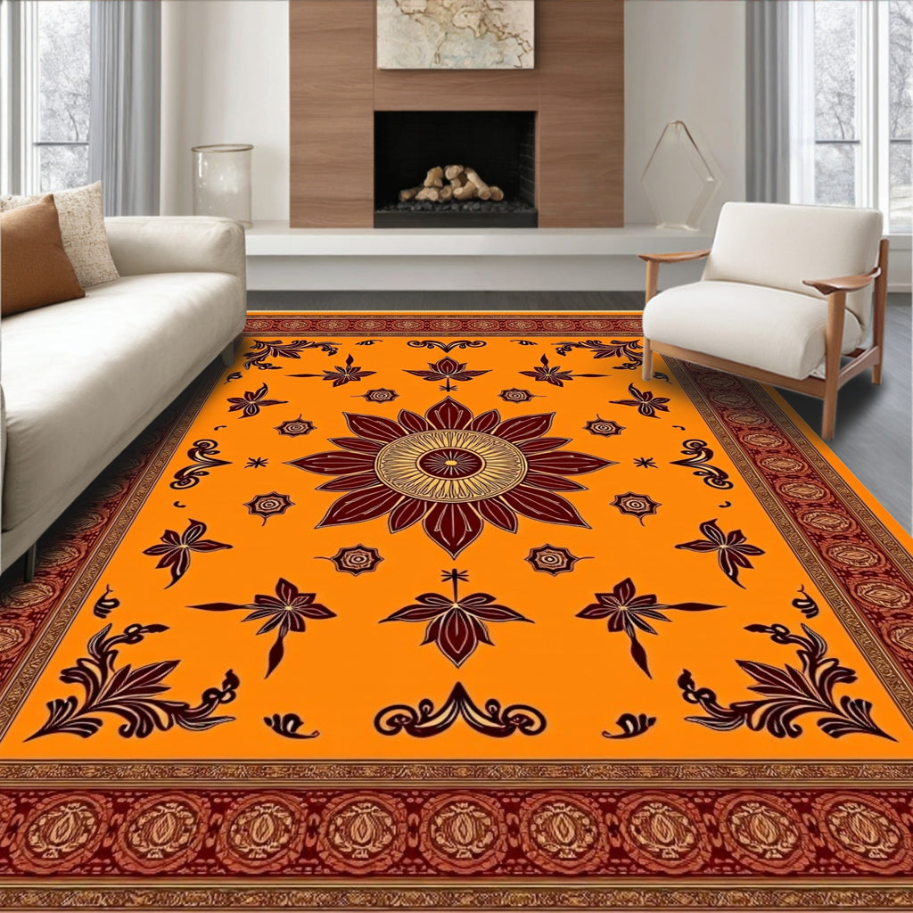 Golden Orange Floral Medallion Rug