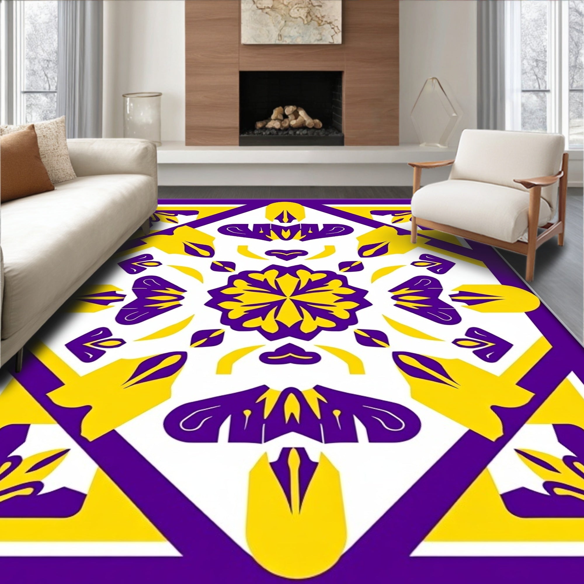 Bold Purple Yellow Geometric Medallion Rug