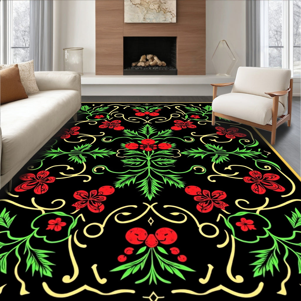 Vibrant Red Floral Swirl Foliage Rug