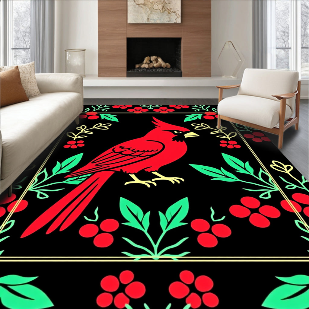 Bold Red Cardinal Floral Border Rug