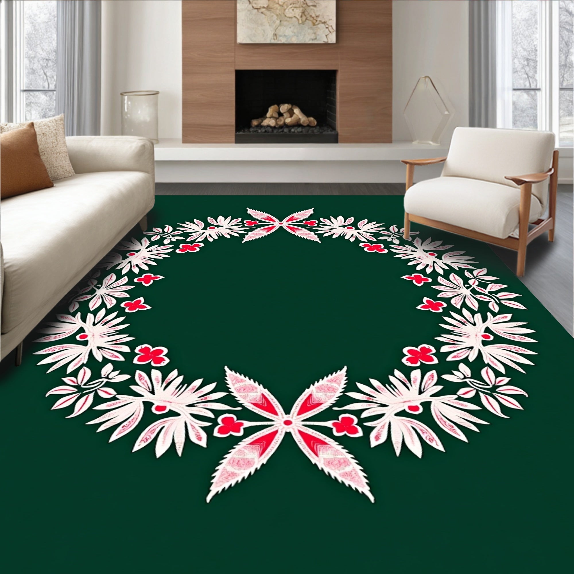 Red White Wreath Floral Garland Rug