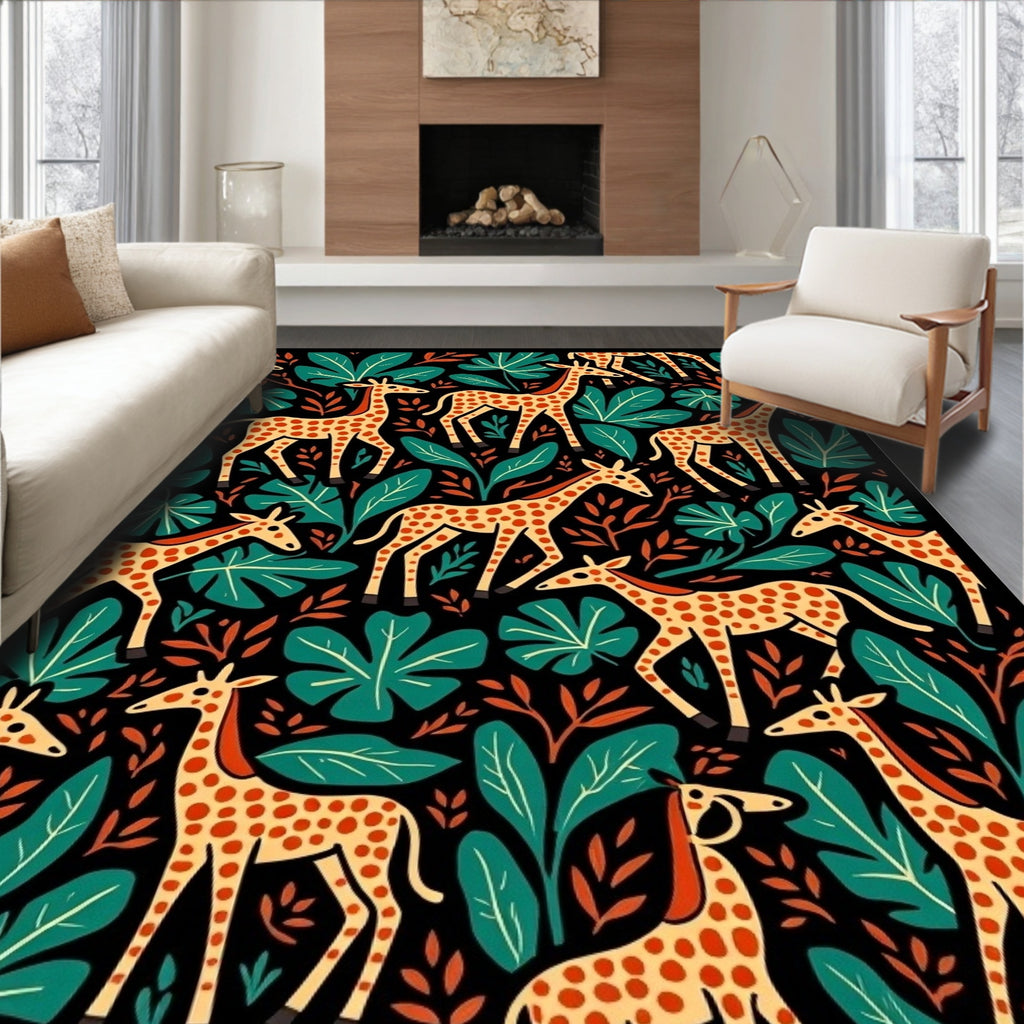 Whimsical Giraffe Jungle Botanical Rug