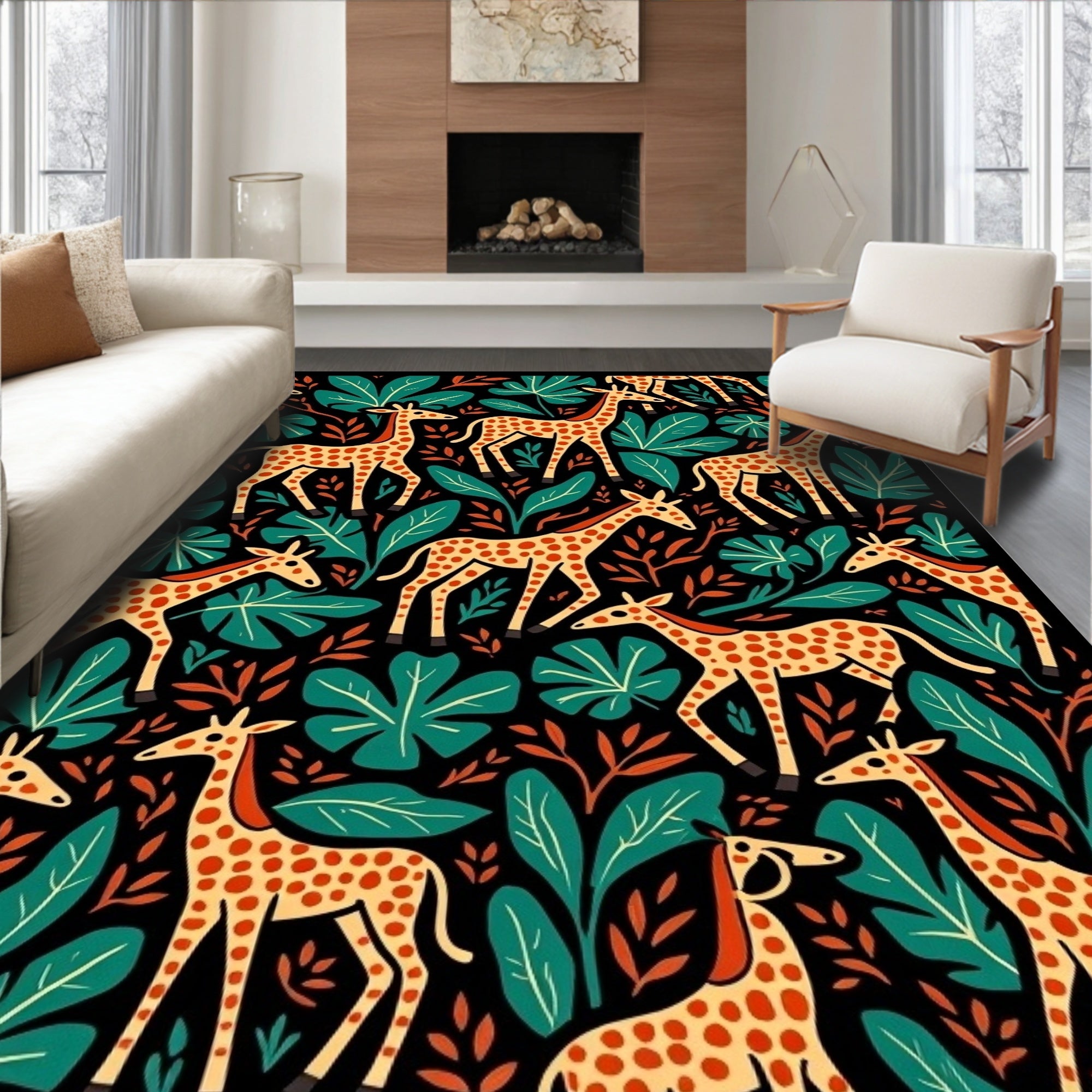Whimsical Giraffe Jungle Botanical Rug