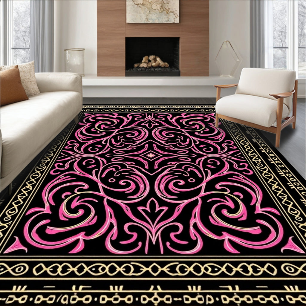 Pink Swirl Floral Black Golden Border Rug