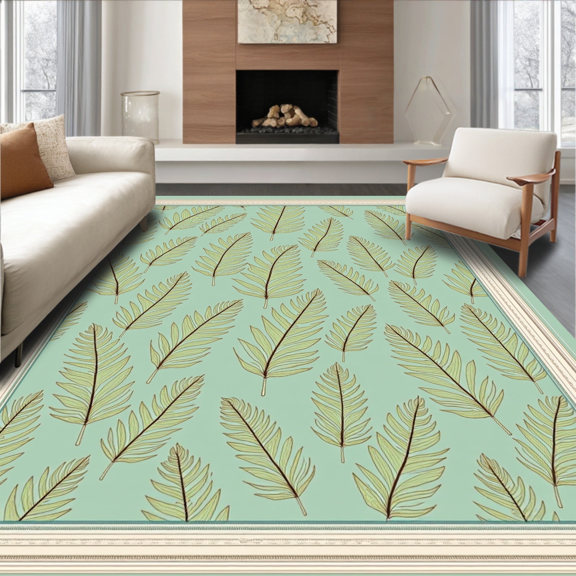 Pale Green Tropical Palm Frond Rug
