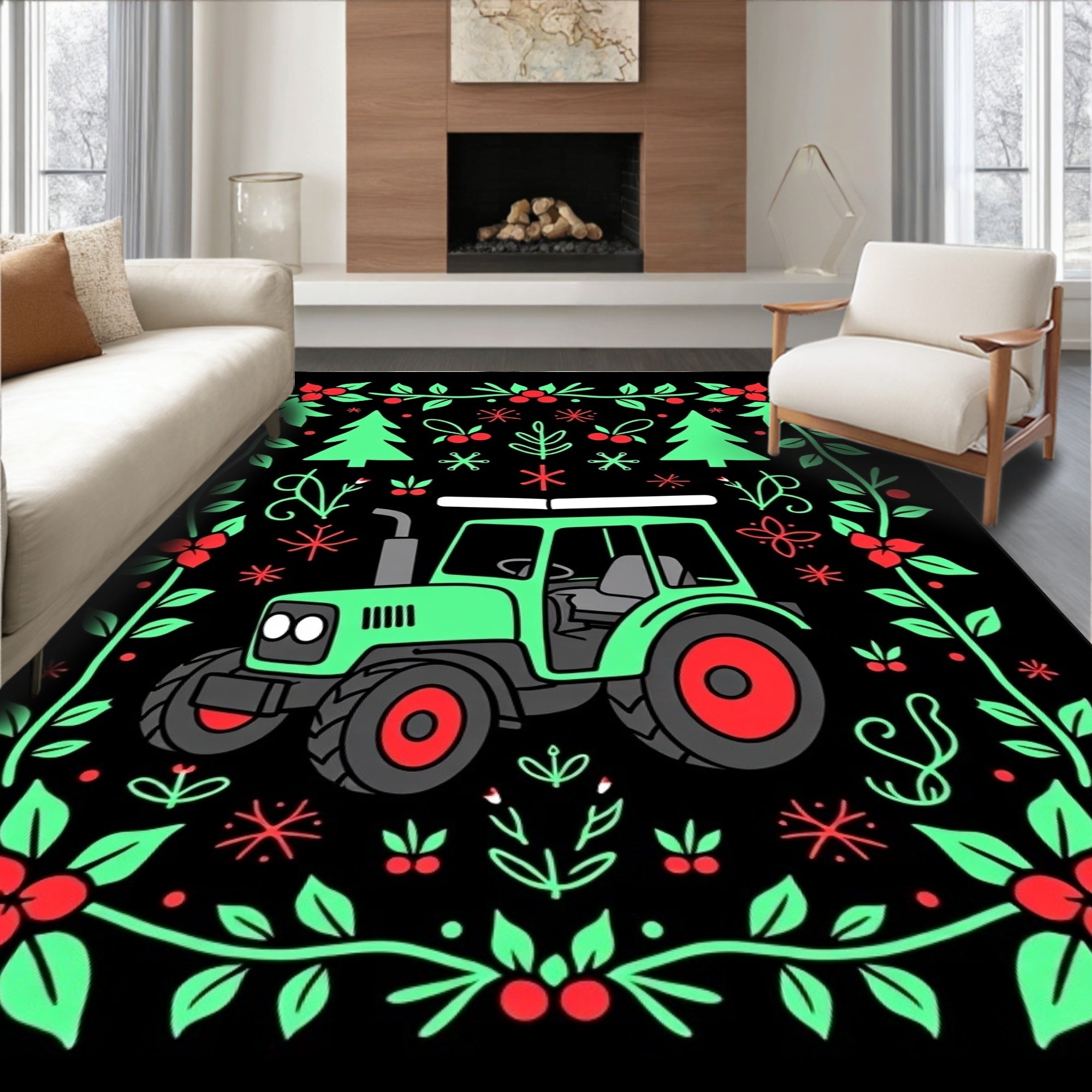 Green Tractor Red Berry Garland Rug