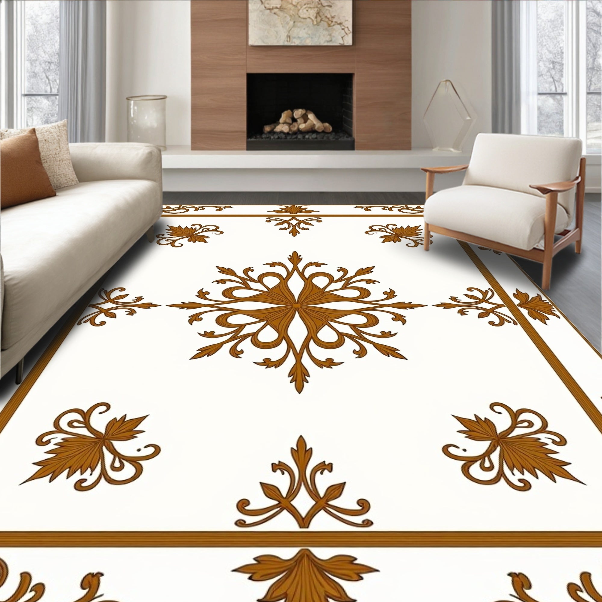 Golden Brown Floral Scrollwork Frame Rug