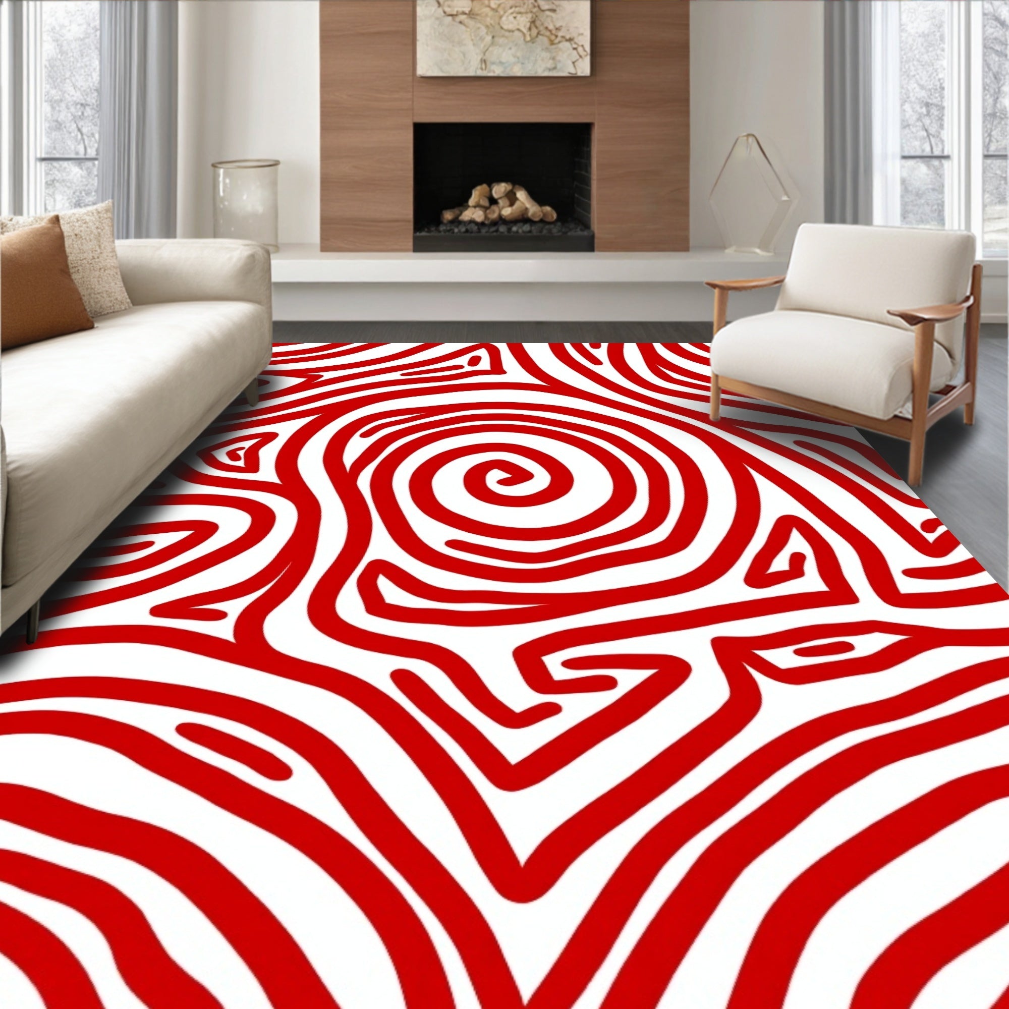 Crimson White Swirl Abstract Rug
