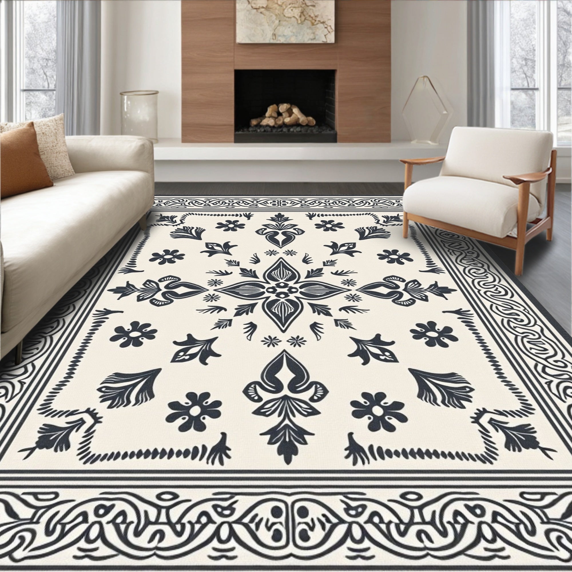 Dark Indigo Folk Floral Bandana Rug