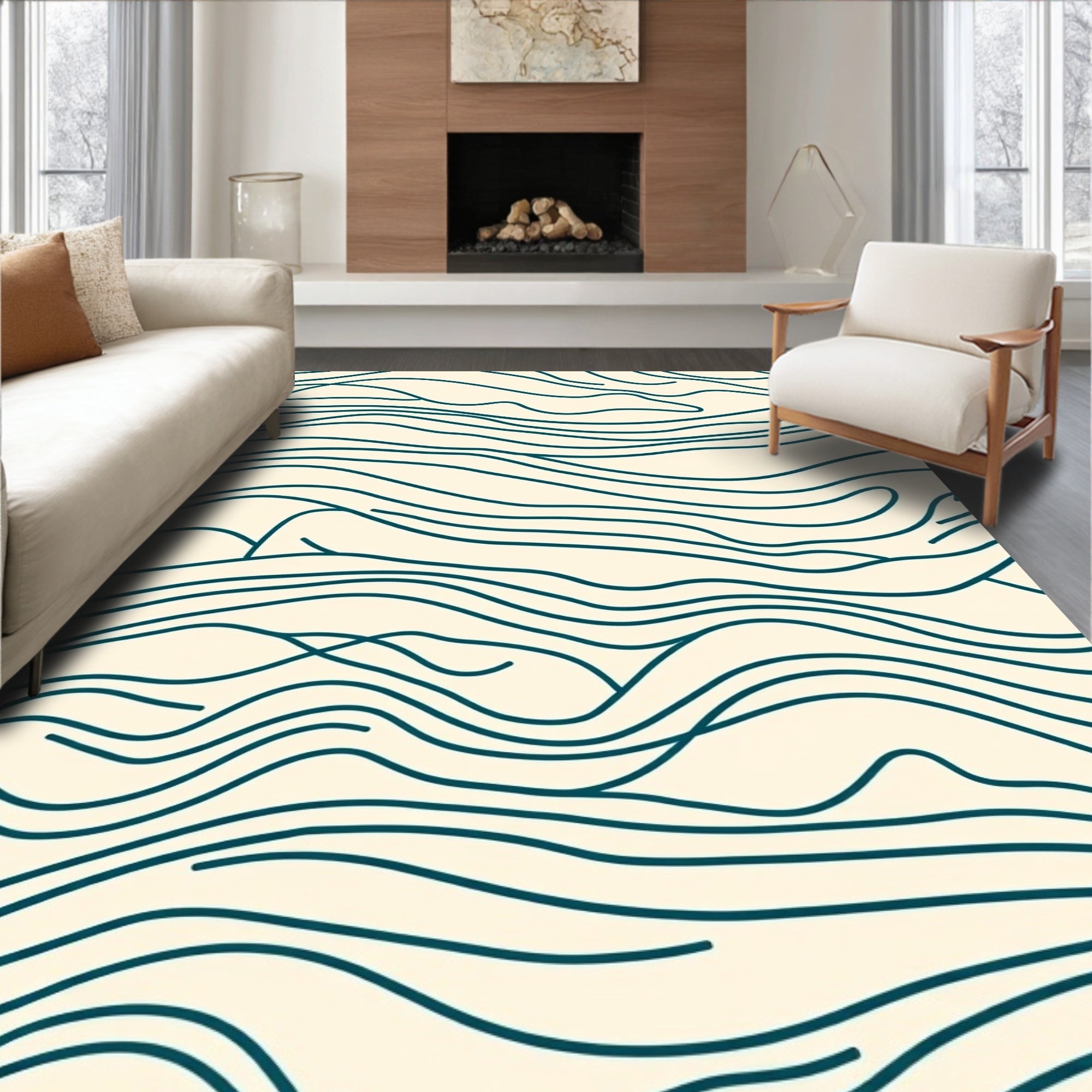 Cream Teal Abstract Organic Waves Rug