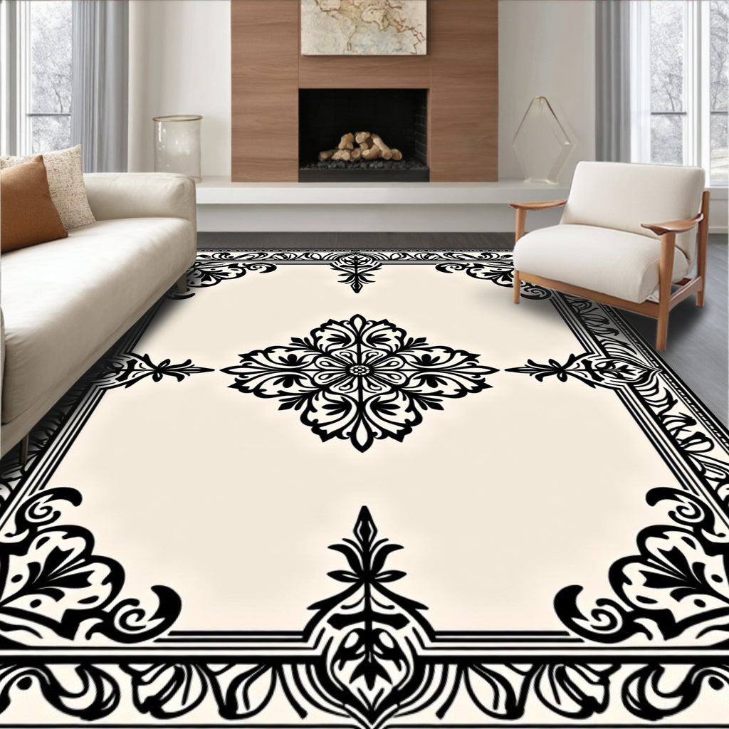 Black Ivory Ornate Floral Medallion Frame Rug
