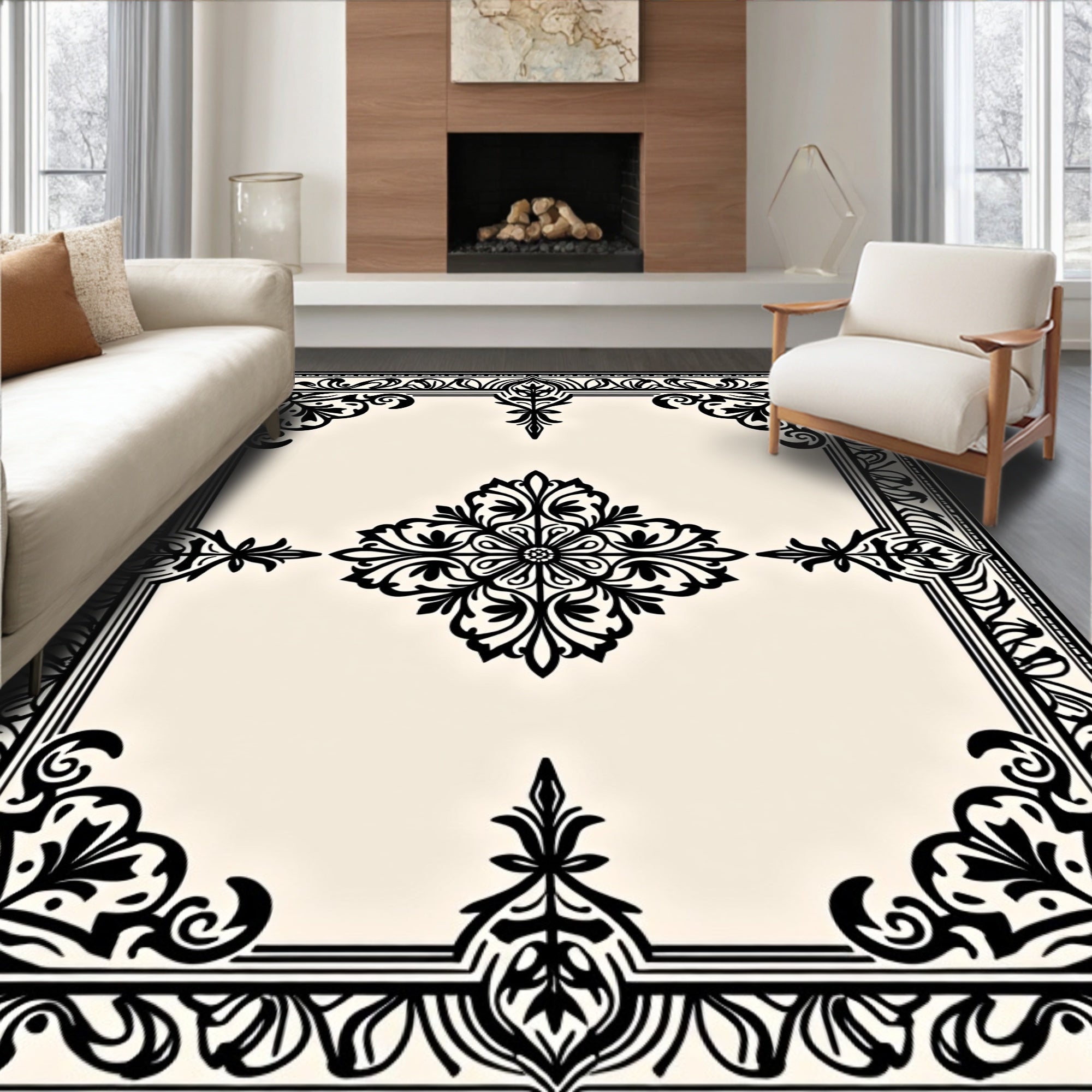 Black Ivory Ornate Floral Medallion Frame Rug