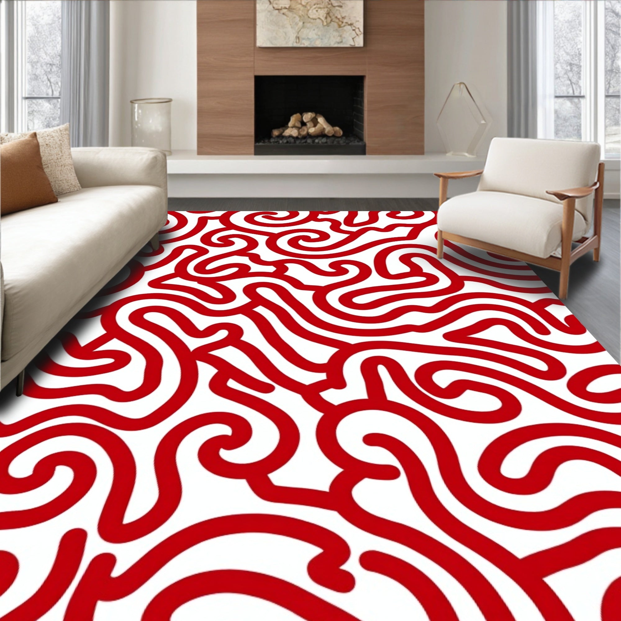 Crimson Swirl Continuous Line Rug