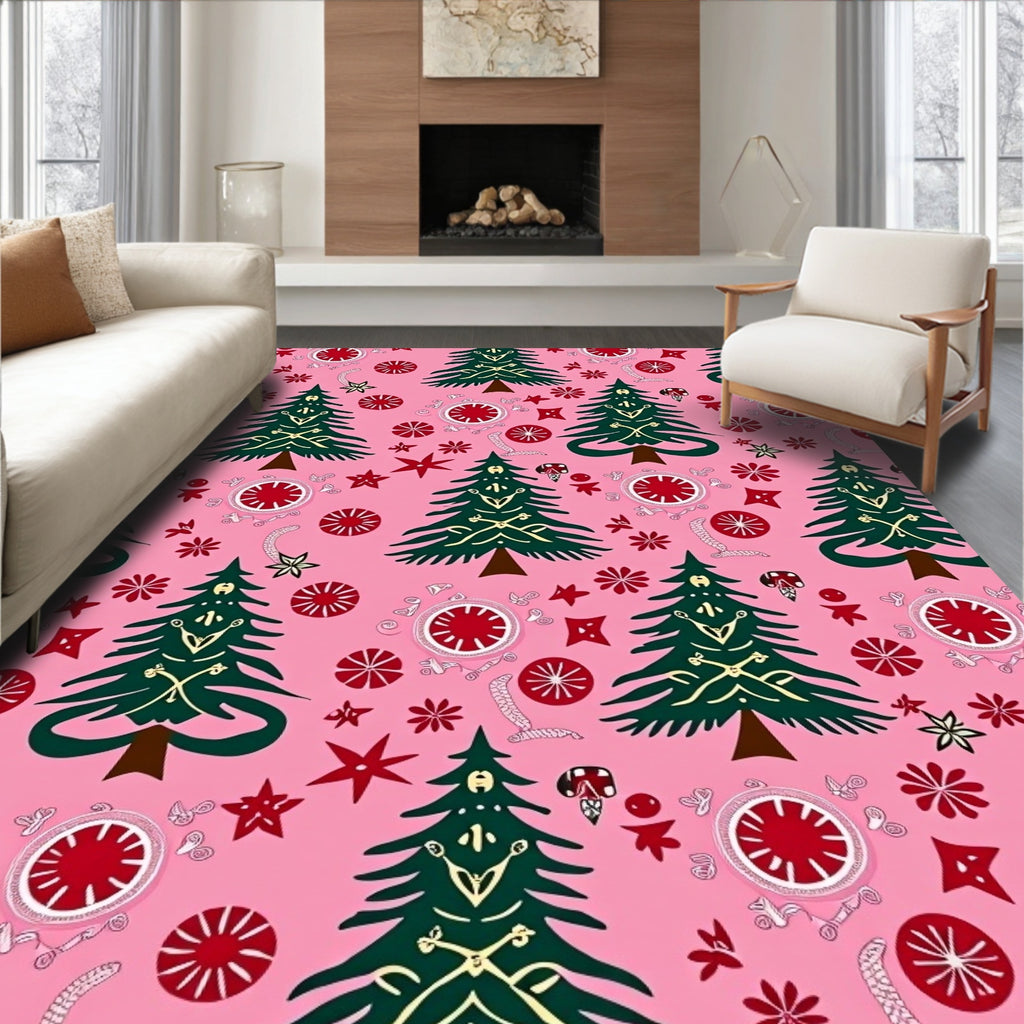 Pink Evergreen Trees and Ornaments Rug