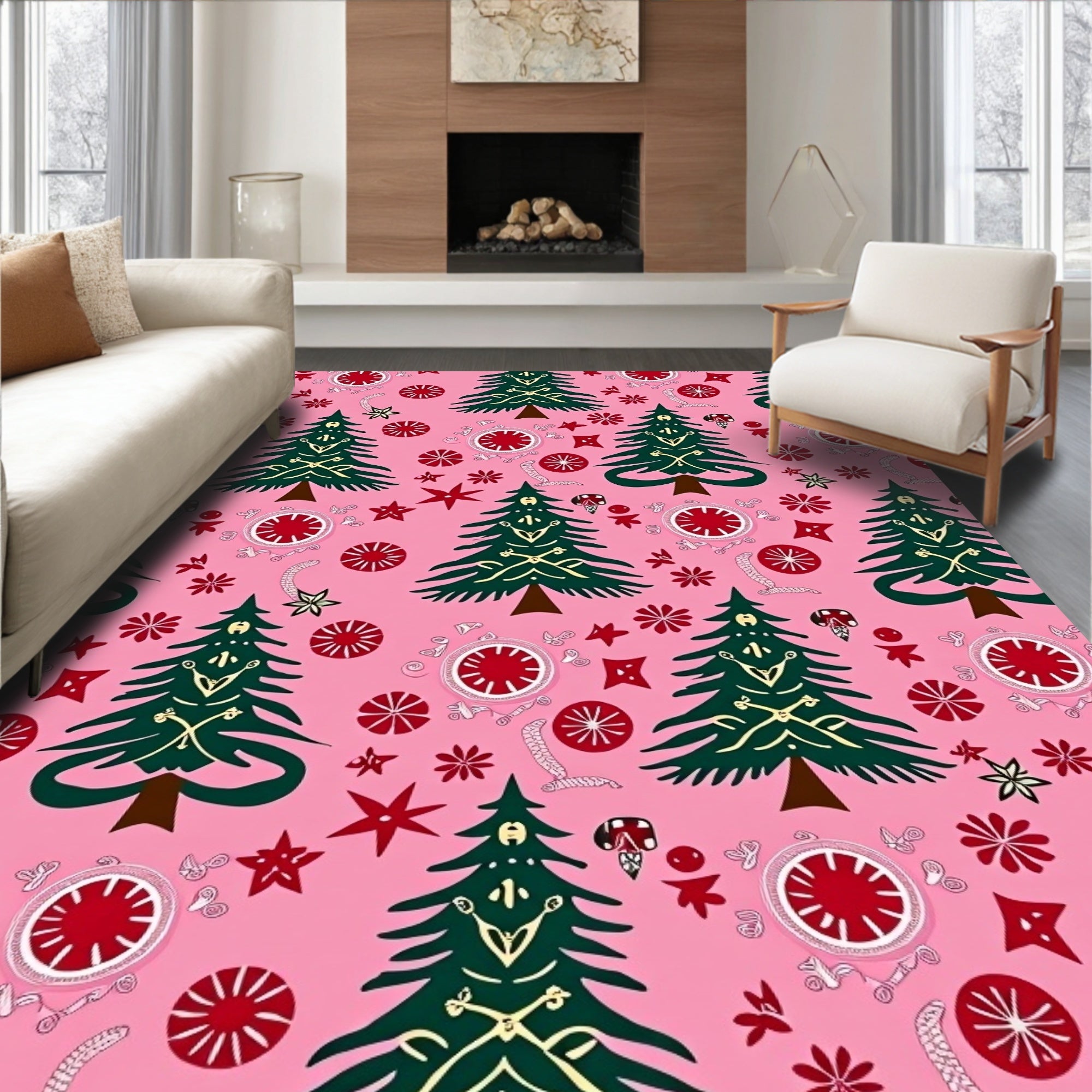 Pink Evergreen Trees and Ornaments Rug