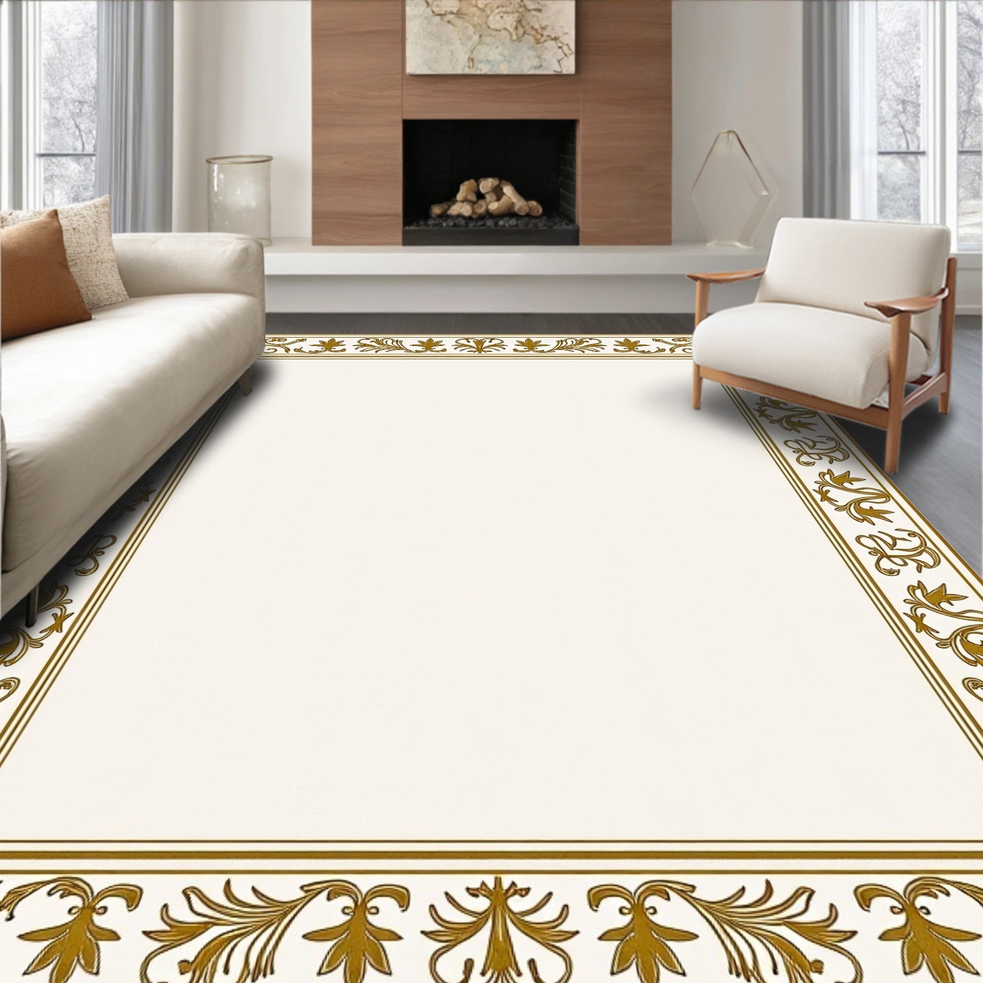 Elegant Gold Leaf Vine Border Rug