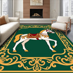 Elegant White Horse Golden Scroll Border Rug