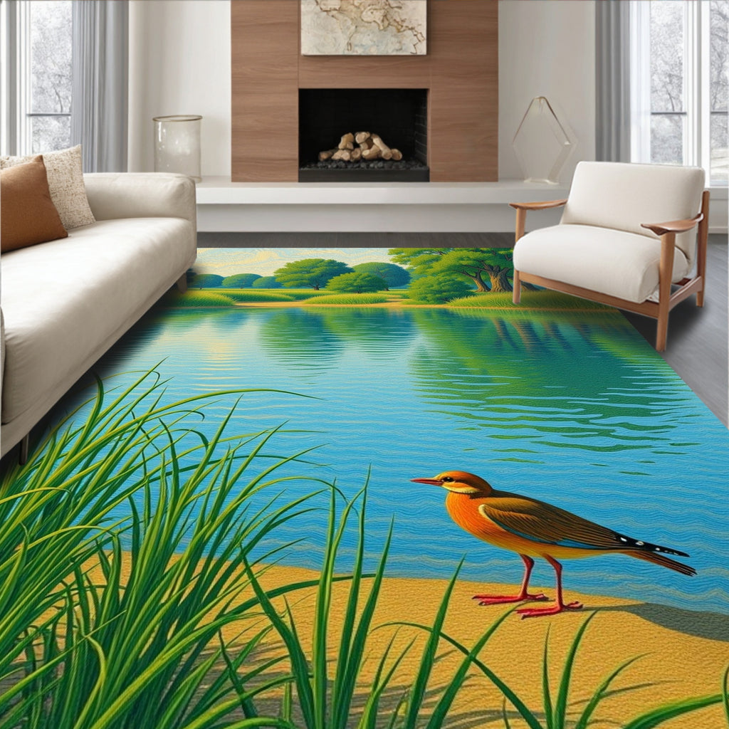 Serene Lakeside Bird and Reeds Rug