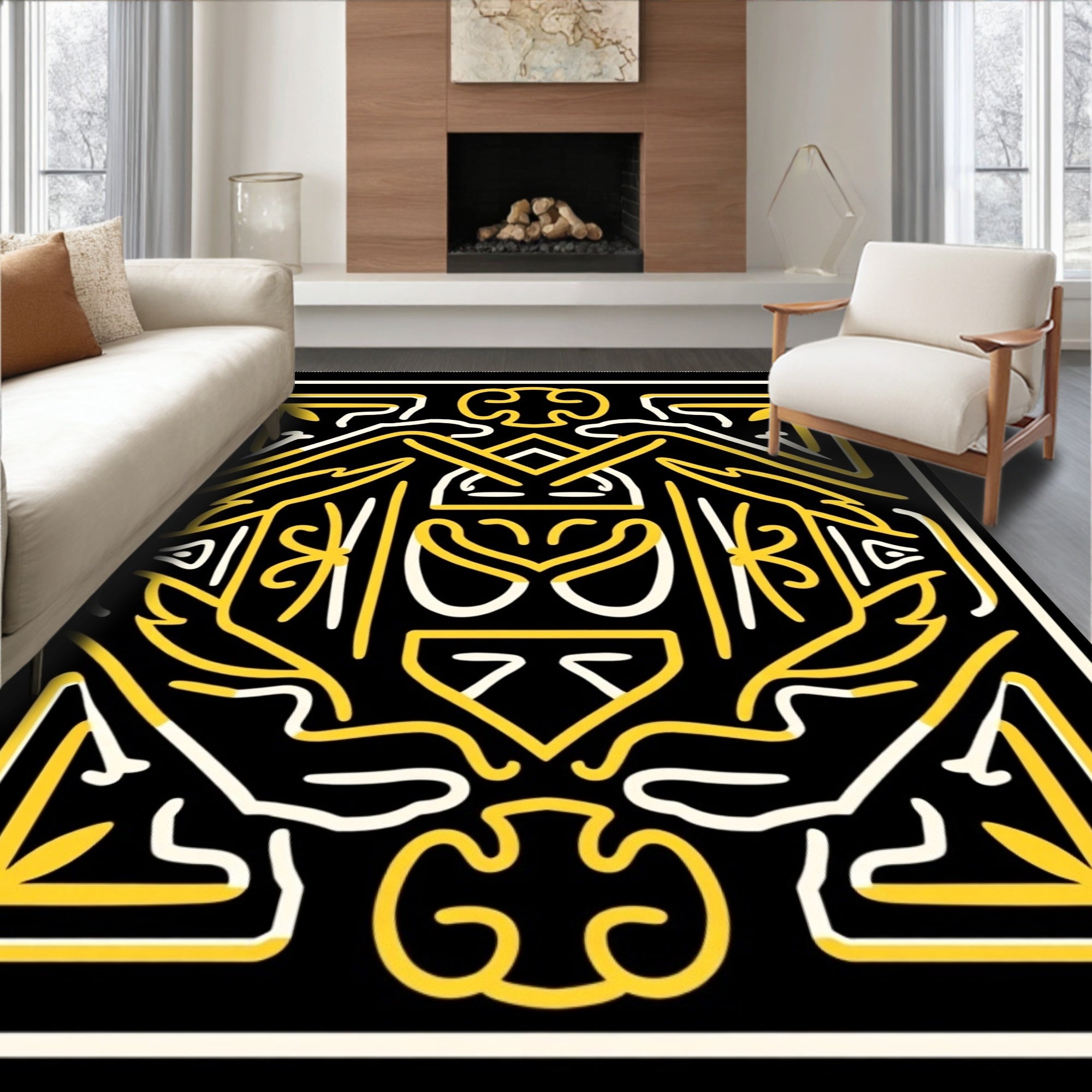 Bold Black Yellow Geometric Mask Rug