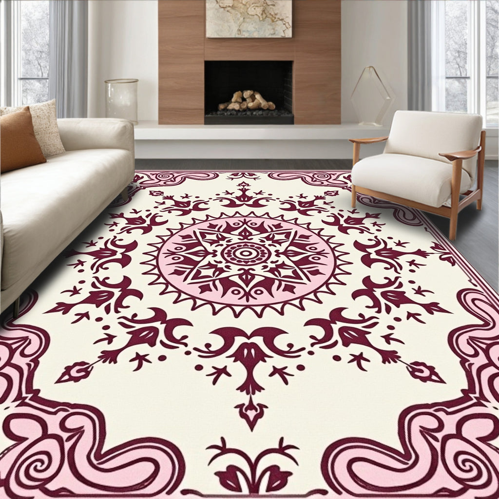 Ornate Crimson Medallion Cream Rug