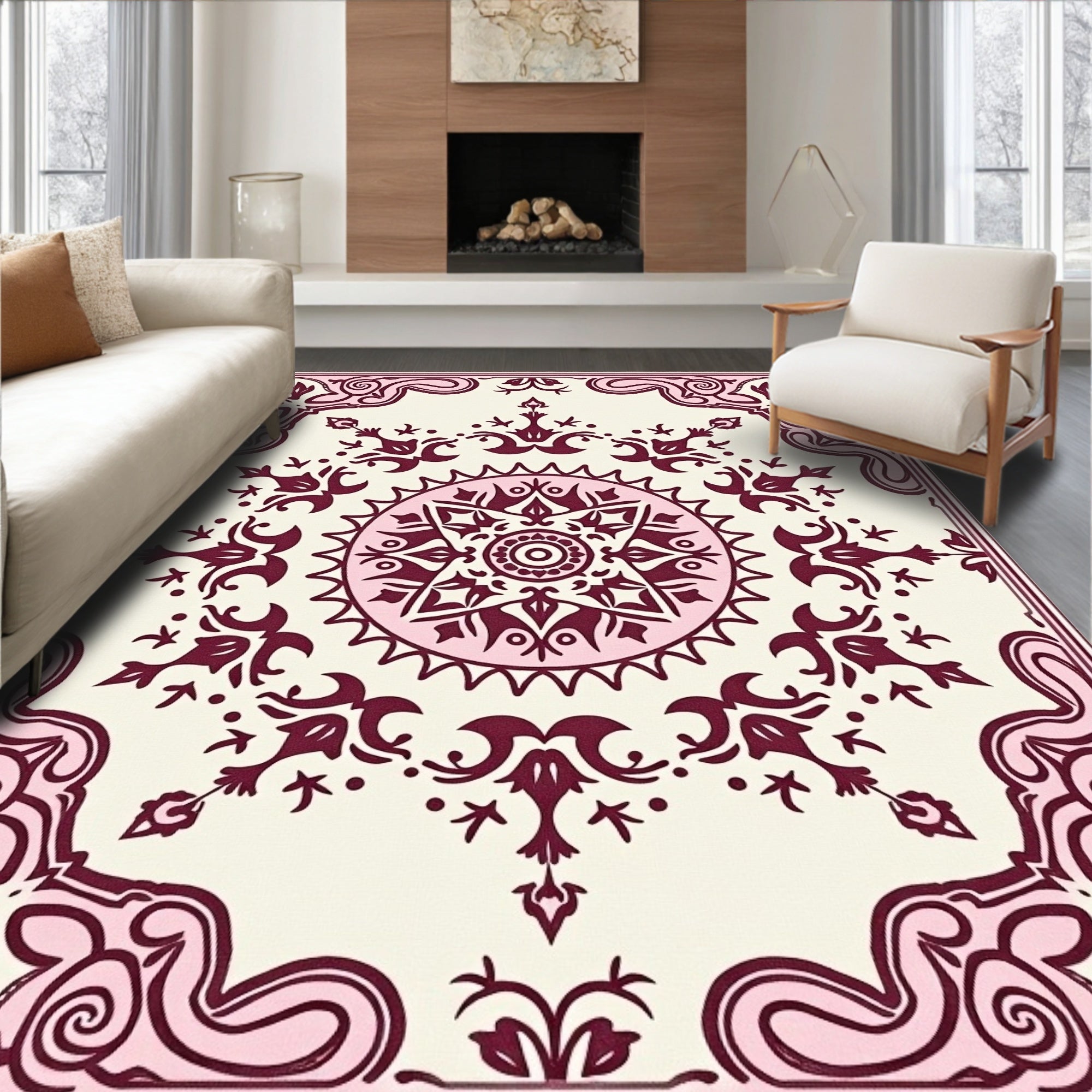 Ornate Crimson Medallion Cream Rug