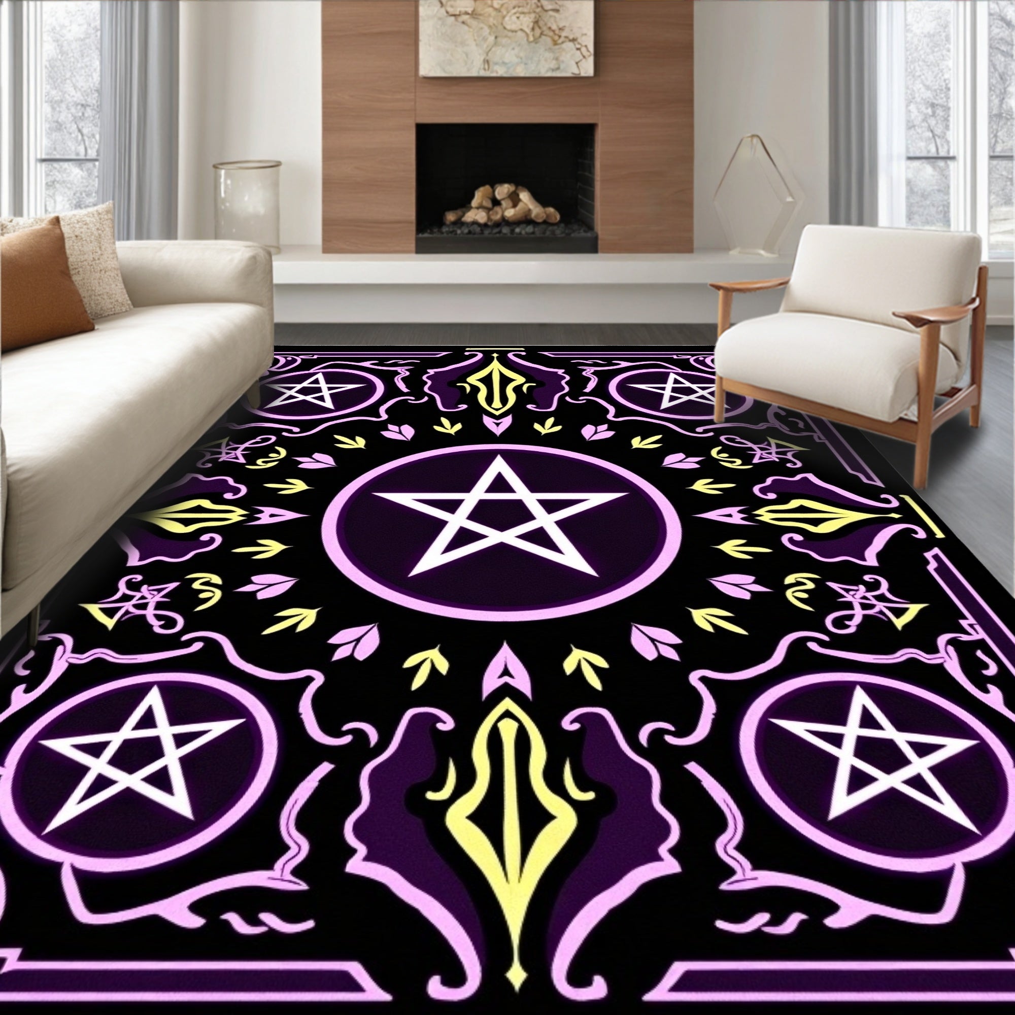 Mystic Purple White Pentagram Border Rug