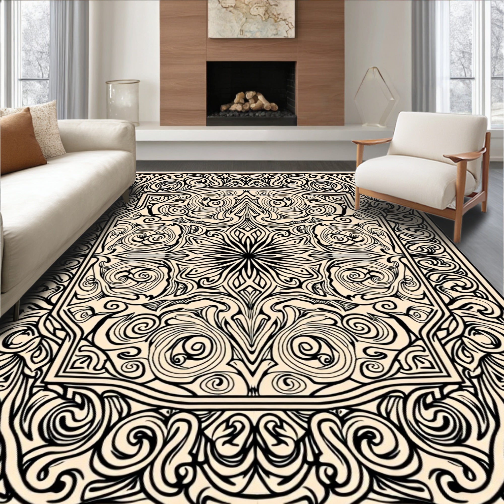 Ornate Black Cream Arabesque Ornament Rug