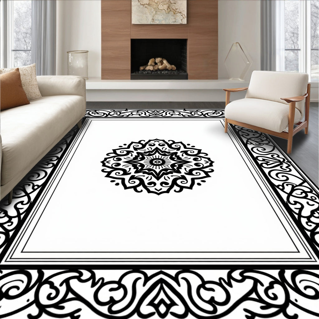 Black Ornamental Mandala Framed Rug