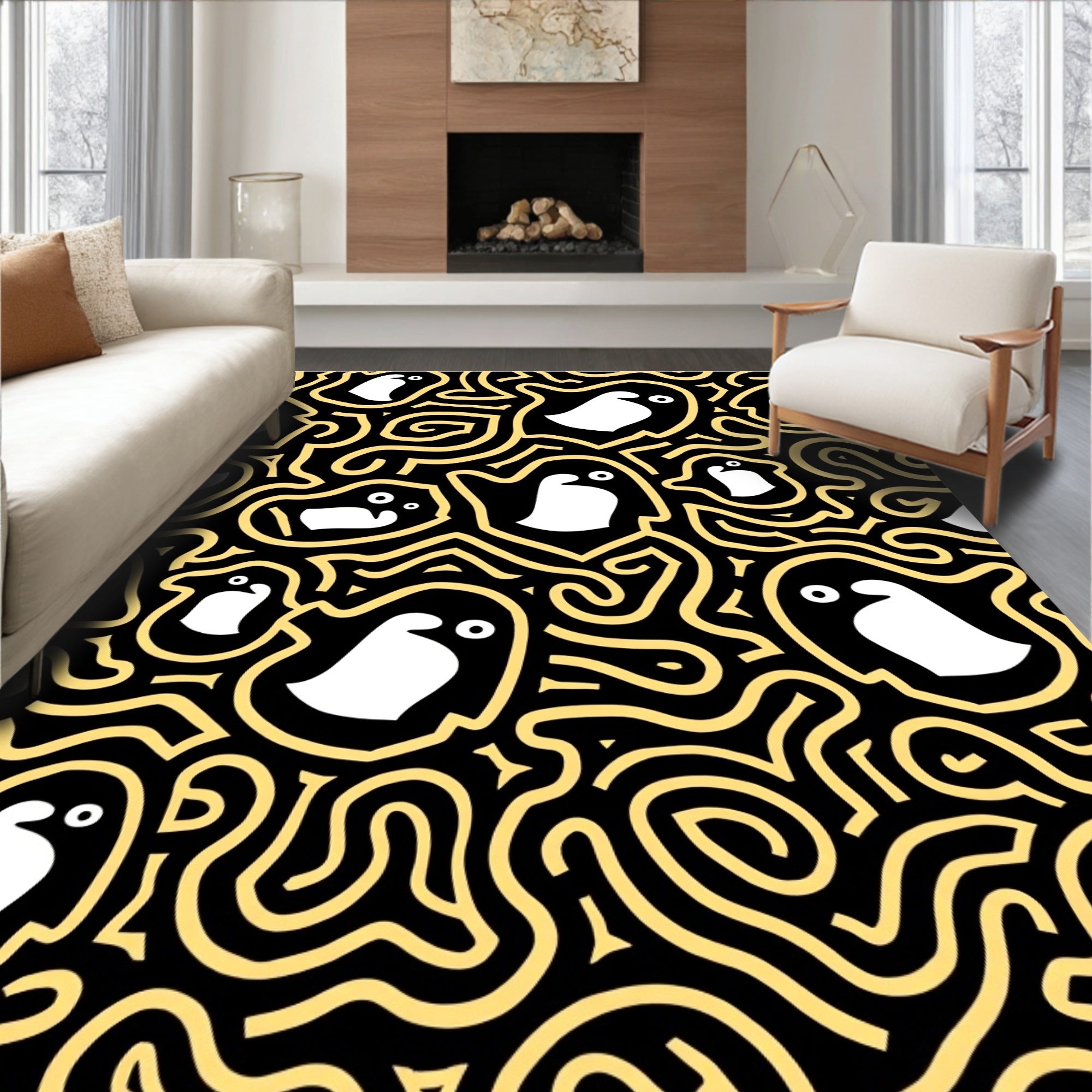Whimsical Penguin Swirls Black Gold Rug