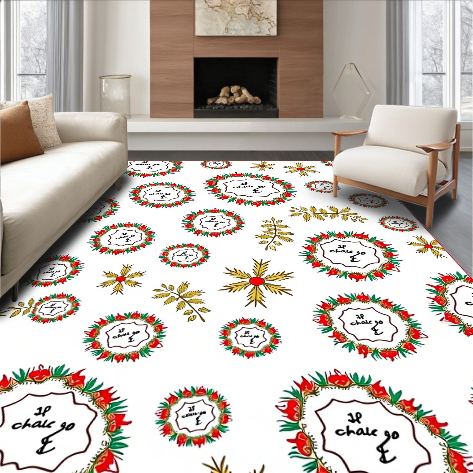 Festive Red Floral Wreath Scatter Rug