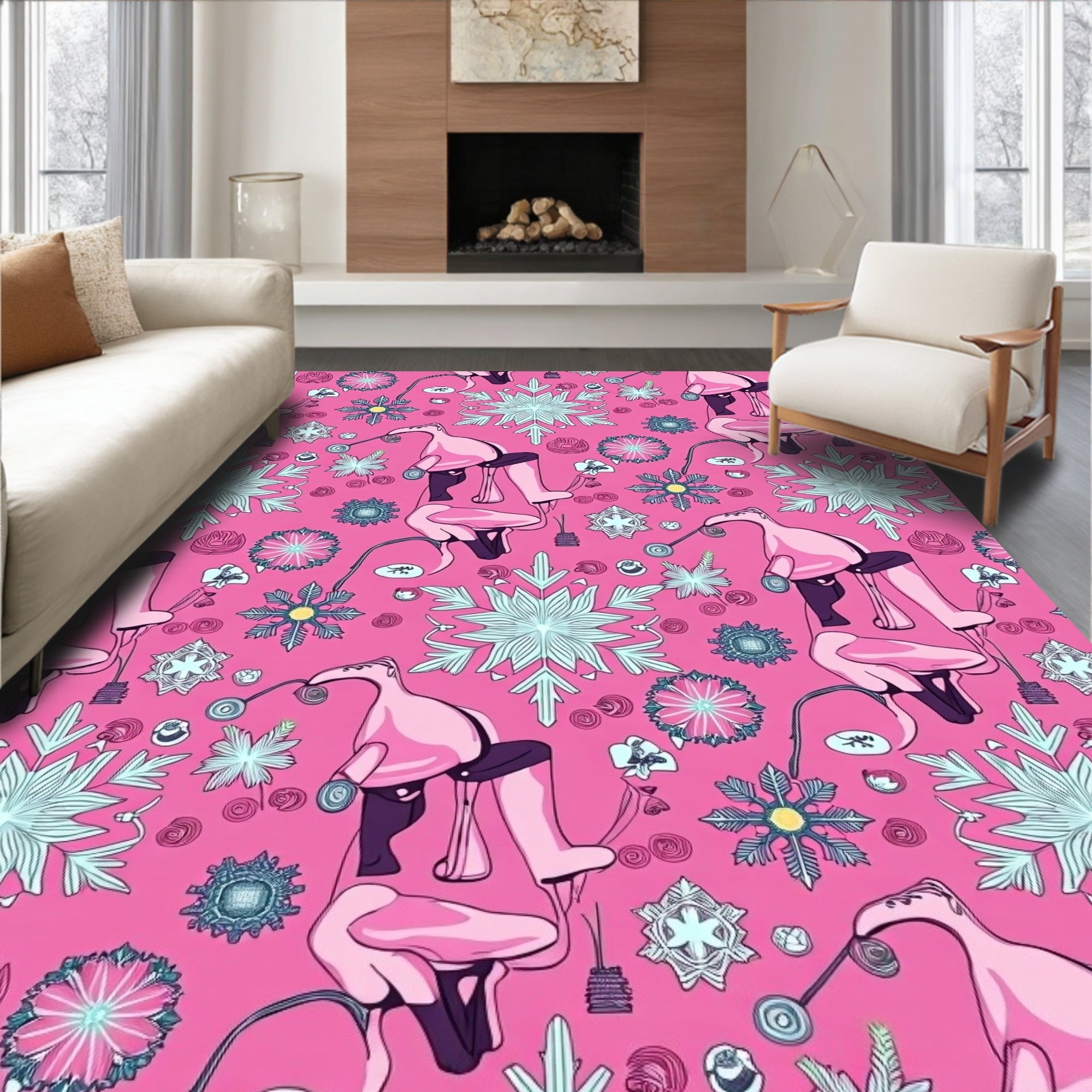 Pink Flamingo Snowflakes Collage Rug