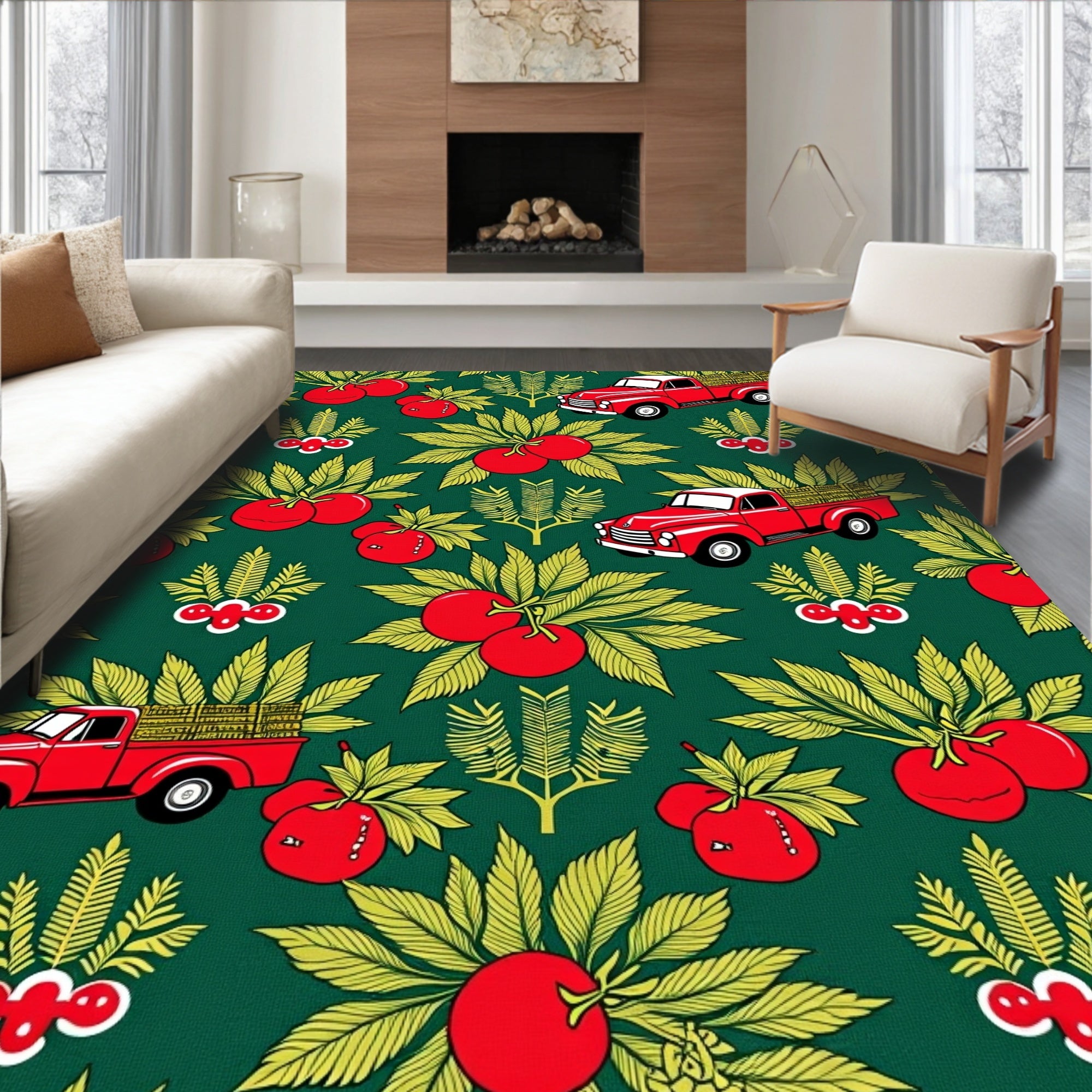 Red Vintage Trucks With Tomatoes Rug