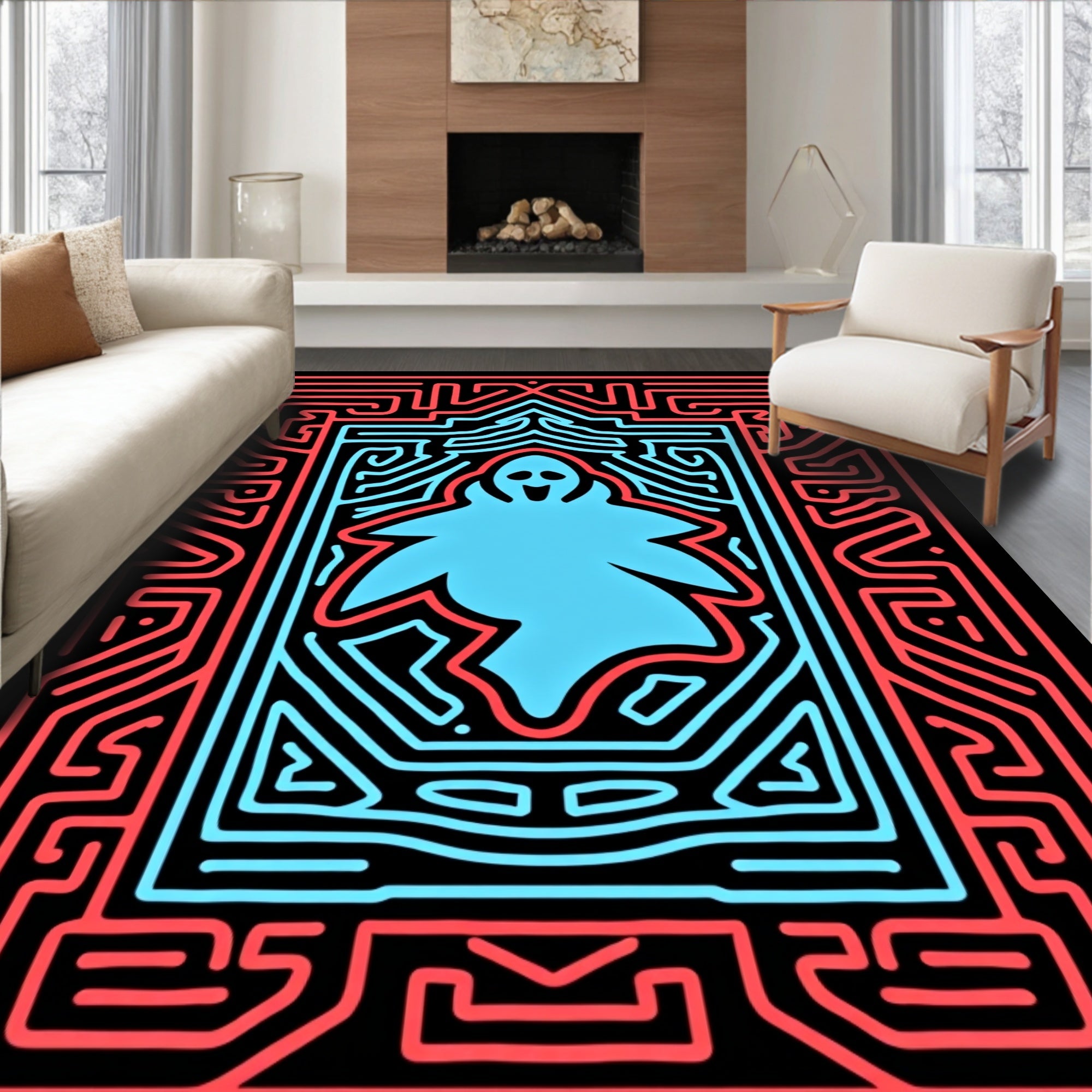 Neon Blue Ghost Maze Art Rug